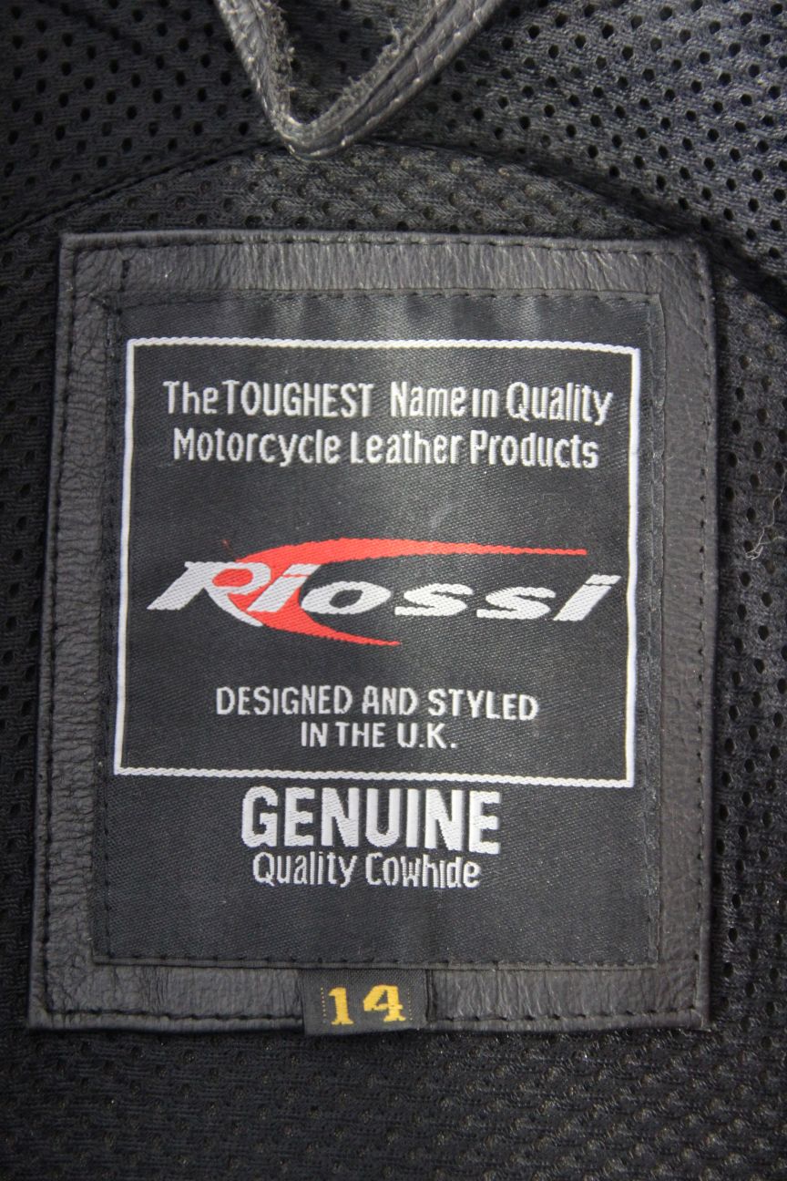 RIOSSI 2 PIECE BLACK, WHITE & BLUE LEATHER BIKER SUIT WITH CE ARMOUR: SIZE 14