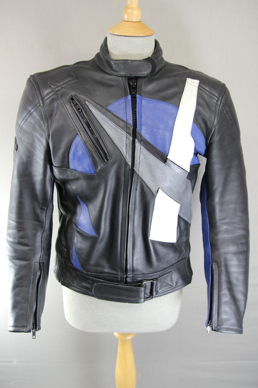 AKITO APOLLO PLUS BLACK, BLUE, SILVER & WHITE LEATHER BIKER JACKET: SIZE 12