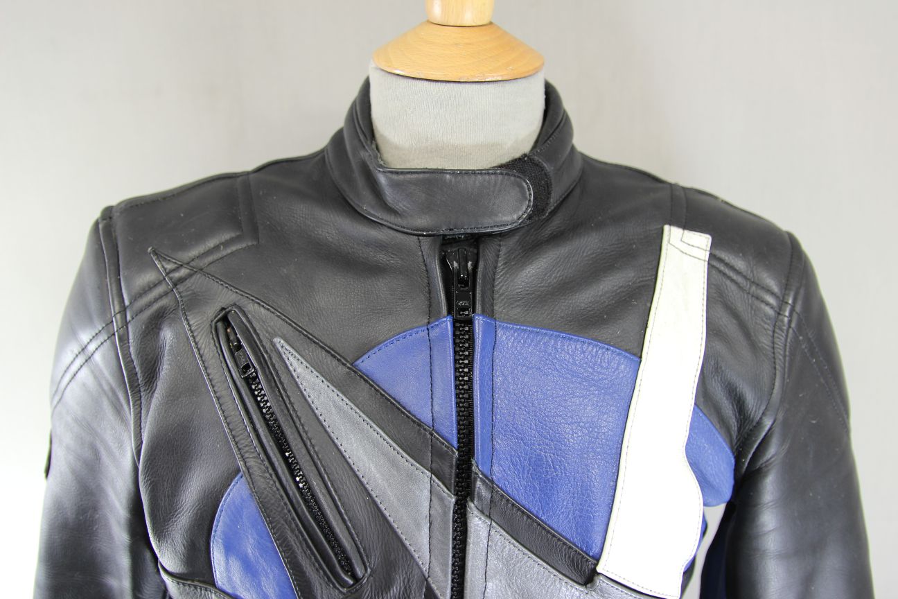 AKITO APOLLO PLUS BLACK, BLUE, SILVER & WHITE LEATHER BIKER JACKET: SIZE 12