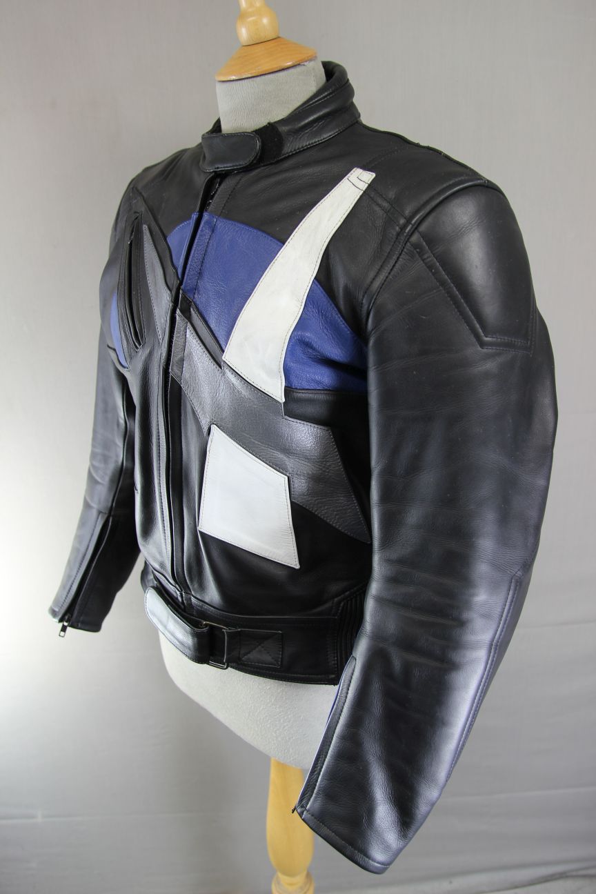 AKITO APOLLO PLUS BLACK, BLUE, SILVER & WHITE LEATHER BIKER JACKET: SIZE 12