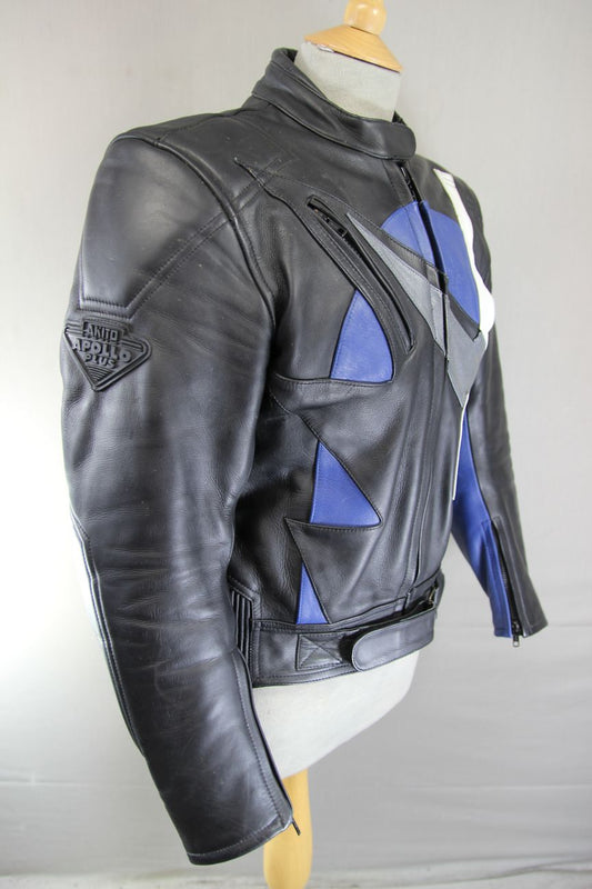 AKITO APOLLO PLUS BLACK, BLUE, SILVER & WHITE LEATHER BIKER JACKET: SIZE 12