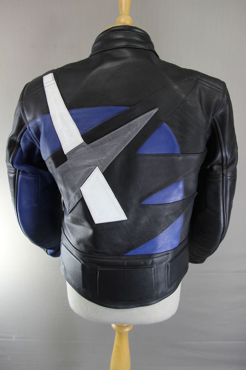 AKITO APOLLO PLUS BLACK, BLUE, SILVER & WHITE LEATHER BIKER JACKET: SIZE 12