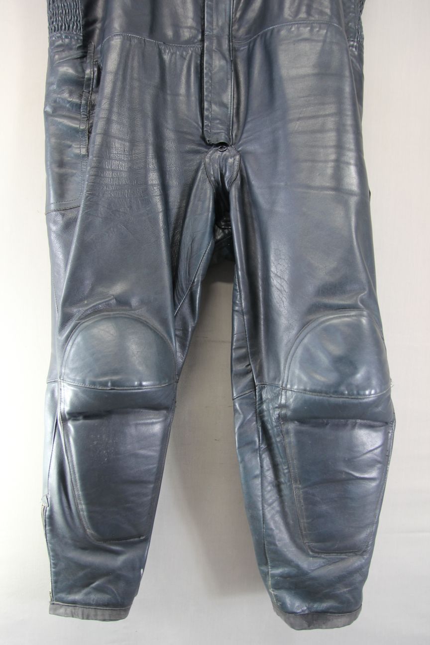 VINTAGE DARK BLUE LEATHER BIKER BIB & BRACE SALOPETTES WAIST 54 IN/LEG 29 IN