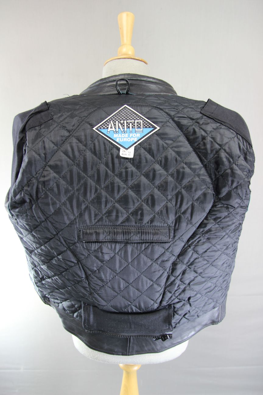 AKITO APOLLO PLUS BLACK, BLUE, SILVER & WHITE LEATHER BIKER JACKET: SIZE 12