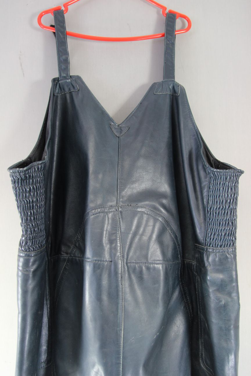 VINTAGE DARK BLUE LEATHER BIKER BIB & BRACE SALOPETTES WAIST 54 IN/LEG 29 IN