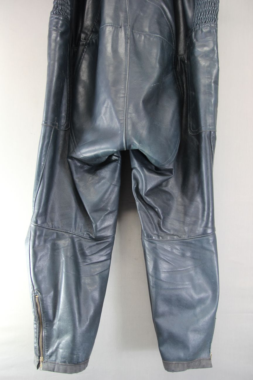 VINTAGE DARK BLUE LEATHER BIKER BIB & BRACE SALOPETTES WAIST 54 IN/LEG 29 IN