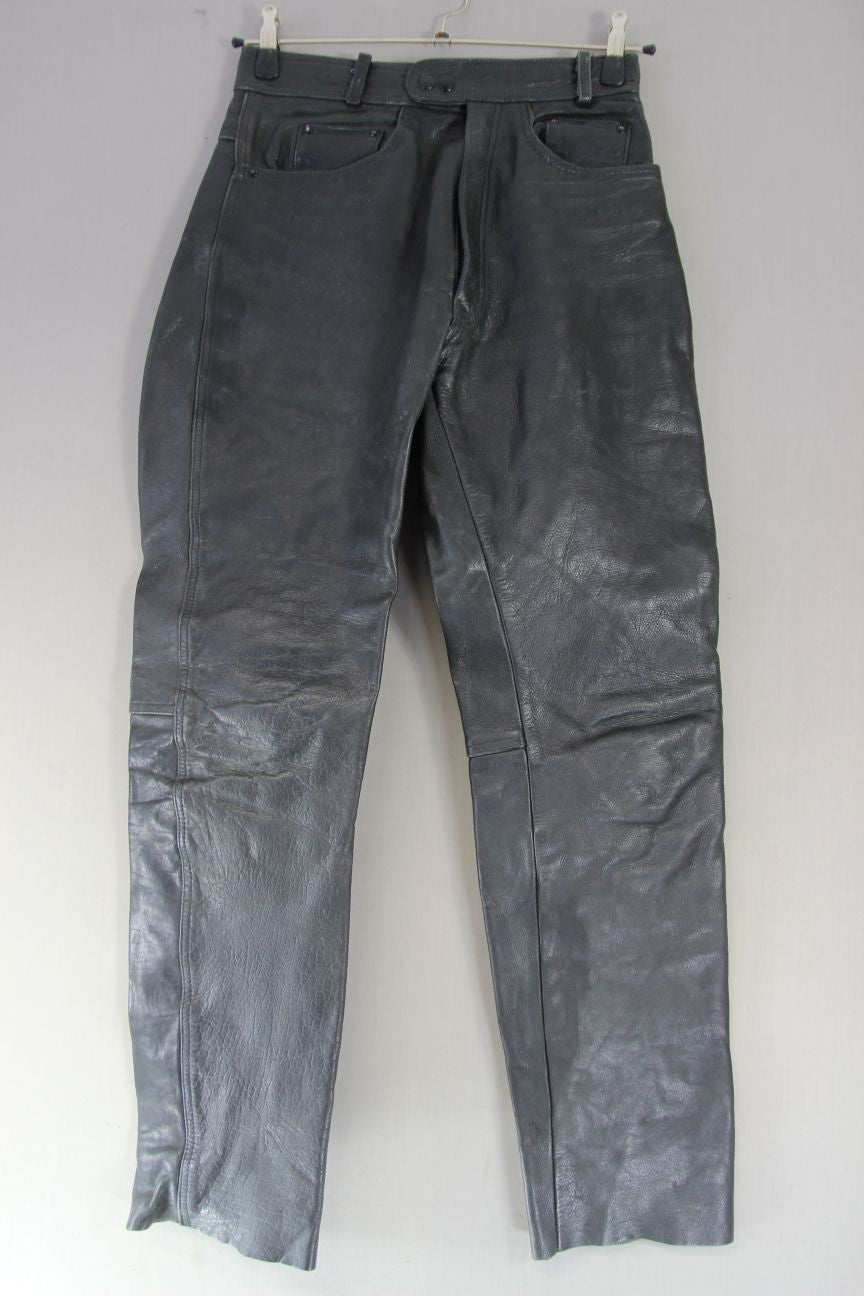 VINTAGE AKITO BLACK LEATHER BIKER JEANS: WAIST 30 INCHES/LEG 32 INCHES