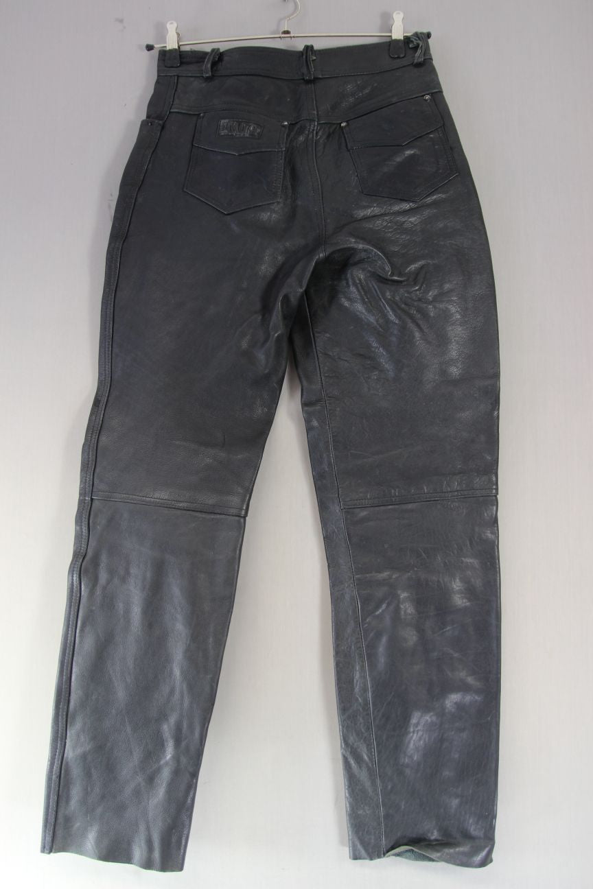 VINTAGE AKITO BLACK LEATHER BIKER JEANS: WAIST 30 INCHES/LEG 32 INCHES