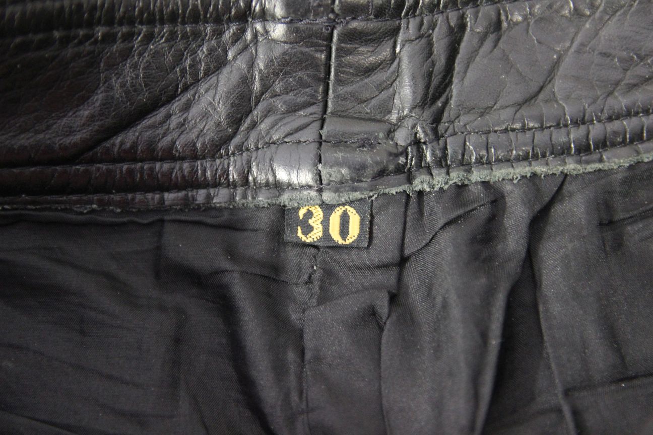 VINTAGE AKITO BLACK LEATHER BIKER JEANS: WAIST 30 INCHES/LEG 32 INCHES