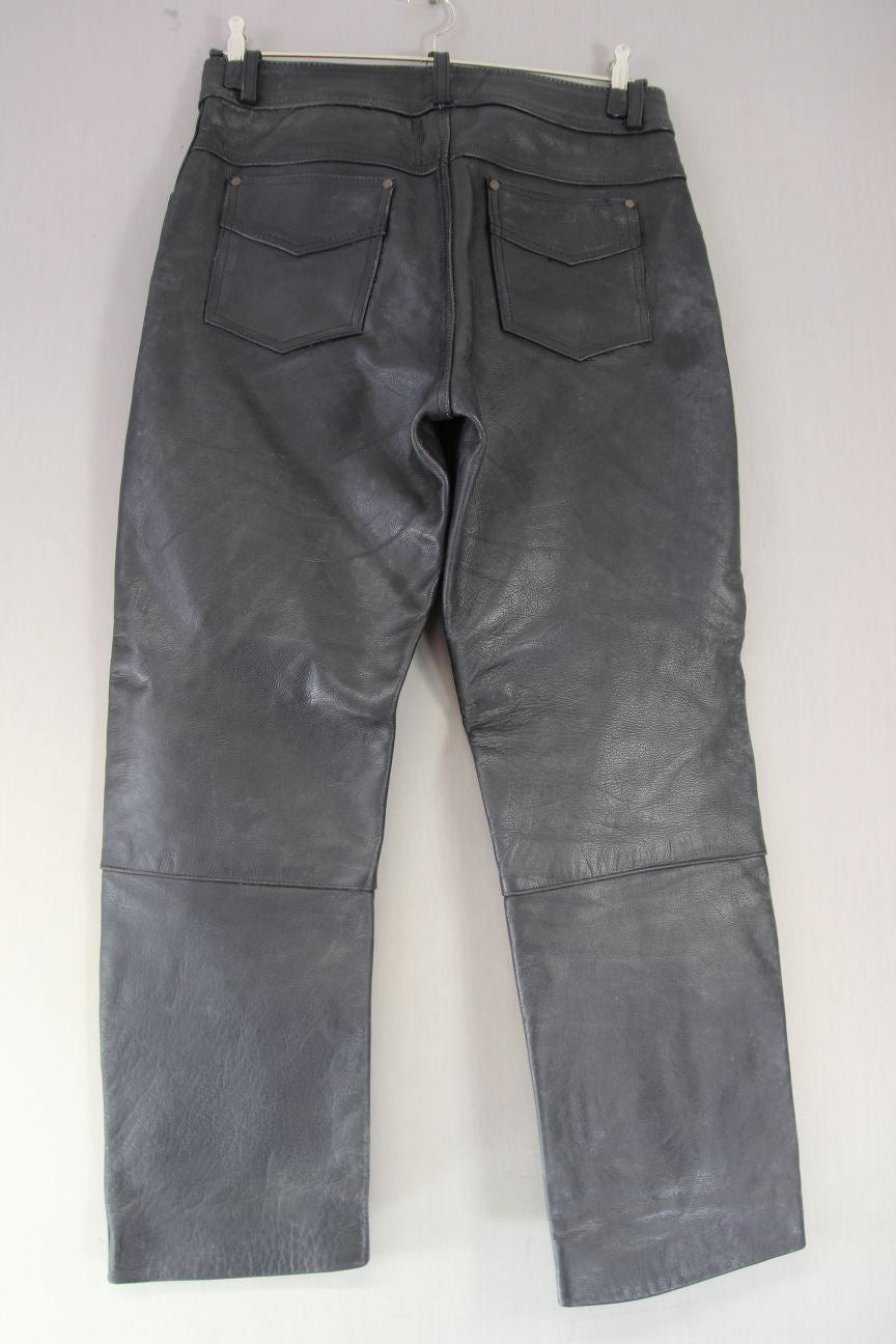 JUST BIKERS CLASSIC BLACK LEATHER JEANS: WAIST 34 INCHES/LEG 30 INCHES