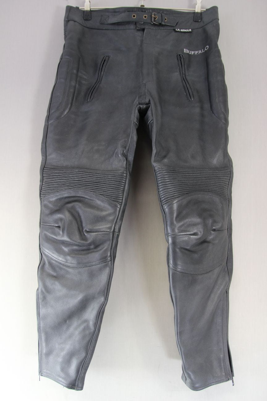 BUFFALO BLACK LEATHER BIKER TROUSERS: WAIST 36 INCH/INSIDE LEG 30 INCH