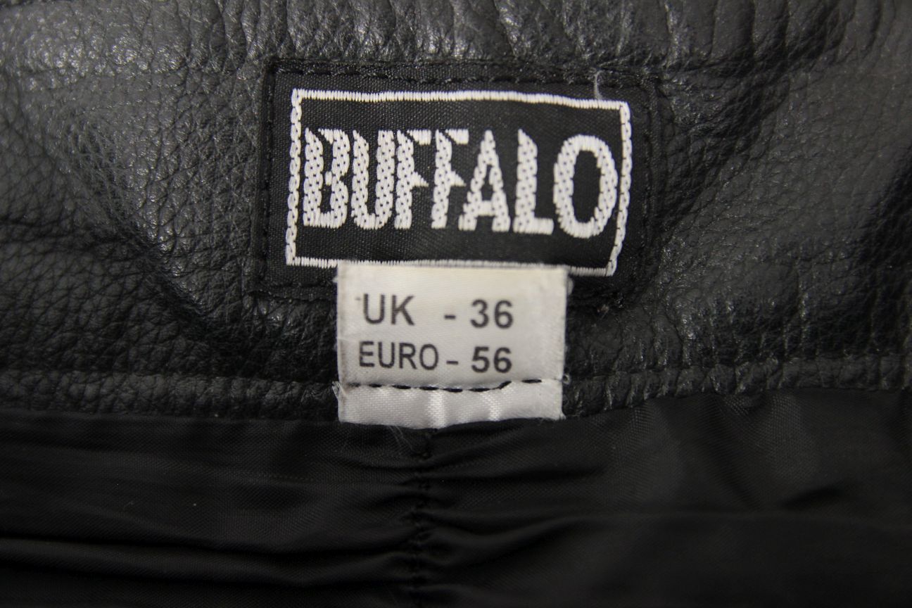 BUFFALO BLACK LEATHER BIKER TROUSERS: WAIST 36 INCH/INSIDE LEG 30 INCH
