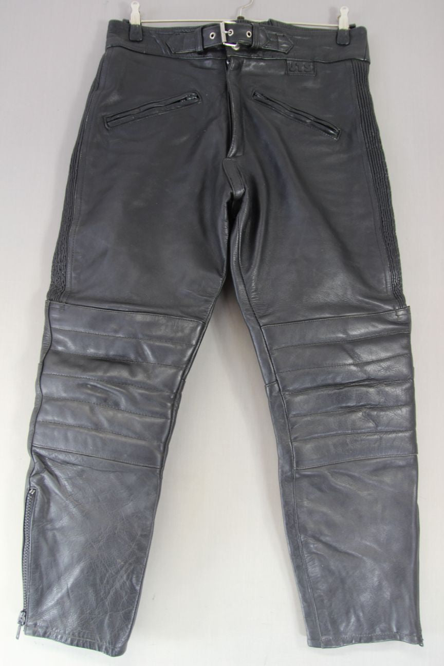JTS BLACK LEATHER BIKER TROUSERS: WAIST 36 INCH/INSIDE LEG 28 INCH (SHORT FIT)