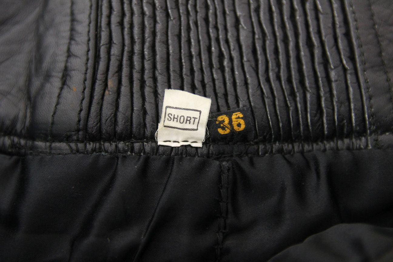JTS BLACK LEATHER BIKER TROUSERS: WAIST 36 INCH/INSIDE LEG 28 INCH (SHORT FIT)