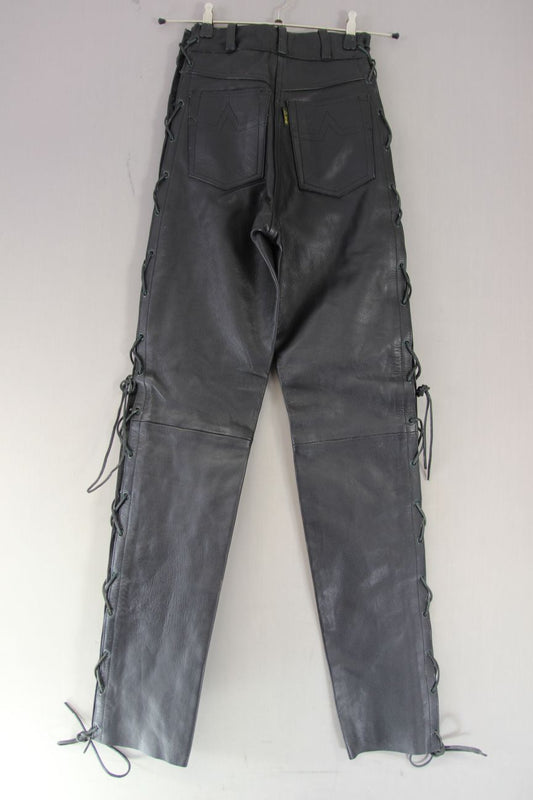 ACE LEATHERS BLACK BIKER JEANS WITH SIDE LACES SIZE 8 - WAIST 24"/INSIDE LEG 34"
