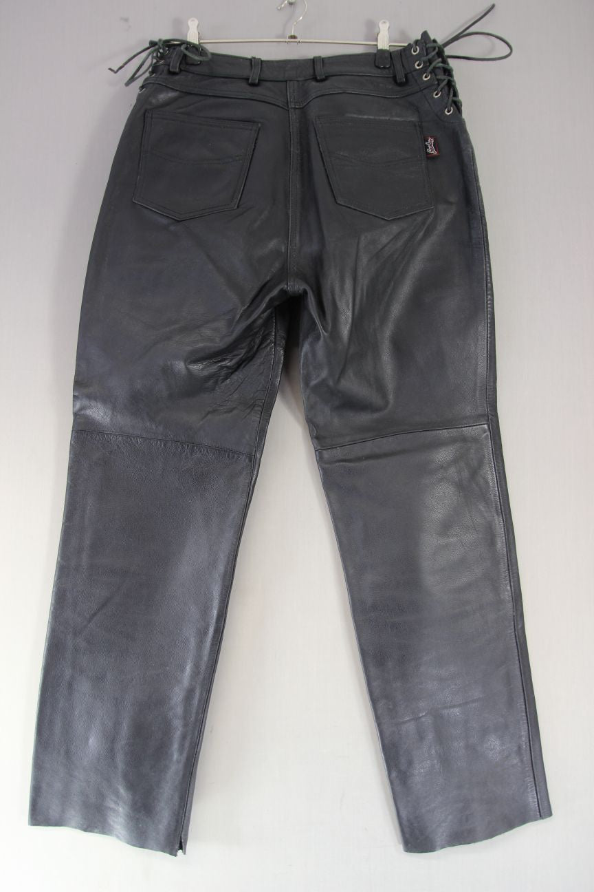 BIKERS GEARBOX BLACK LEATHER JEANS: SIZE 14 - WAIST 32 INCH/INSIDE LEG 31 INCH