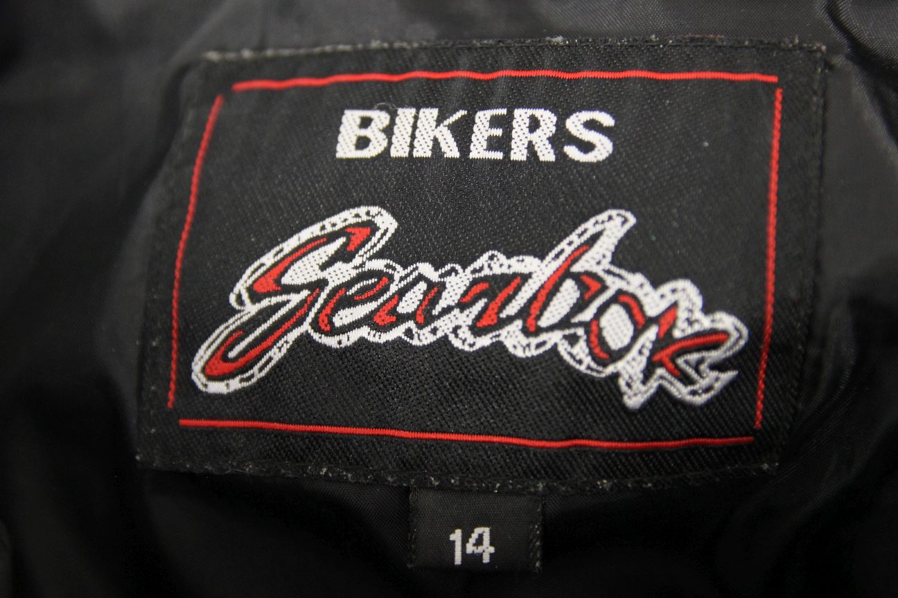 BIKERS GEARBOX BLACK LEATHER JEANS: SIZE 14 - WAIST 32 INCH/INSIDE LEG 31 INCH