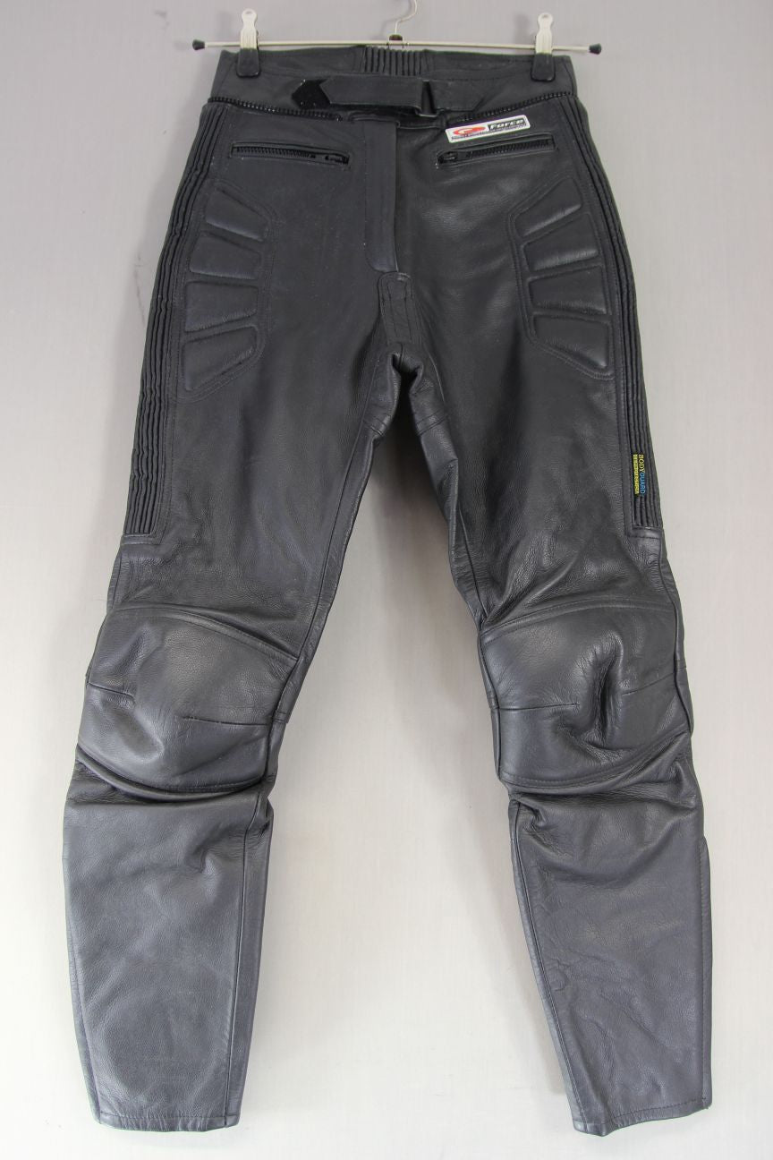 AKITO G-FORCE BLACK LEATHER BIKER TROUSERS: SIZE 10 WAIST 28 IN/INSIDE LEG 28 IN