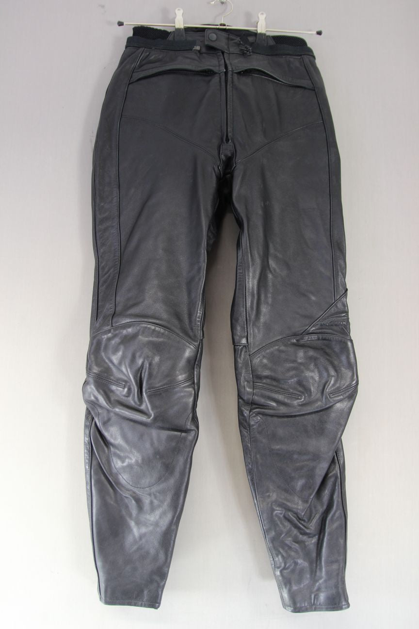 HEIN GERICKE LEATHER BIKER TROUSERS+HIP/KNEE ARMOUR SIZE 12 WAIST 28-30"/LEG 31"