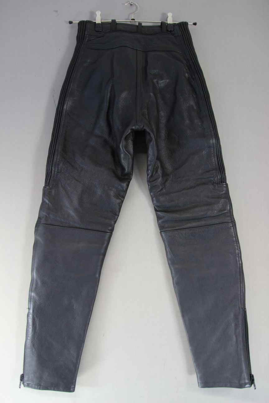 JTS BLACK LEATHER BIKER TROUSERS SIZE 12 WAIST 26-28 INCHES/INSIDE LEG 31 INCHES