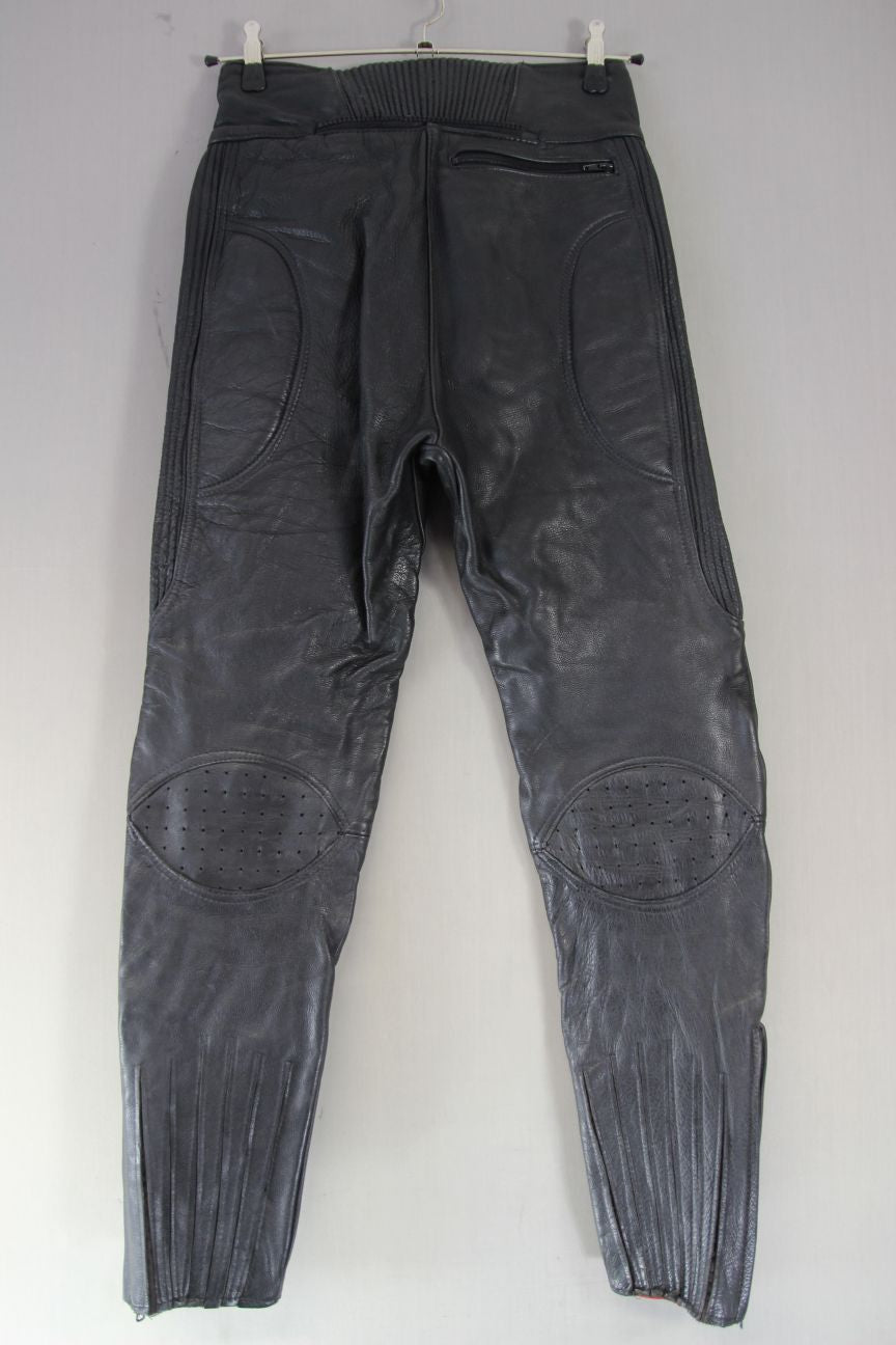 SPORTEX DOLOMITE BLACK LEATHER BIKER TROUSERS: WAIST 30 INCH/INSIDE LEG 30 INCH