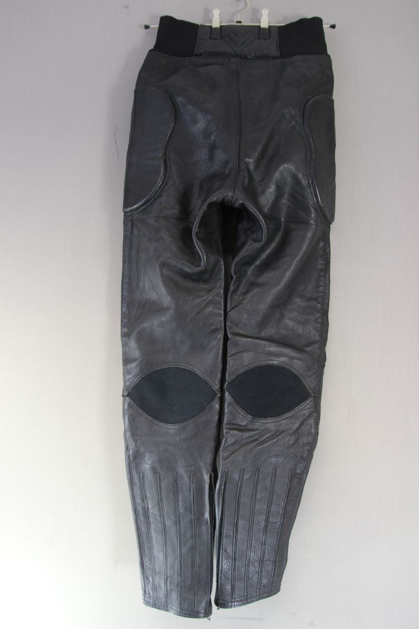 FRANK THOMAS BLACK LEATHER BIKER TROUSERS: WAIST 28"/INSIDE LEG 32" (LONG FIT)