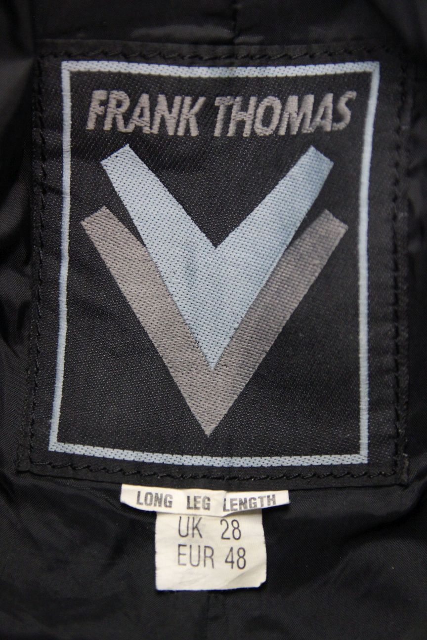 FRANK THOMAS BLACK LEATHER BIKER TROUSERS: WAIST 28"/INSIDE LEG 32" (LONG FIT)