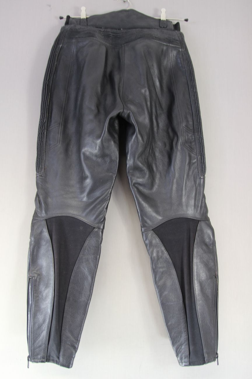 RIDER BLACK LEATHER BIKER TROUSERS SIZE 10: WAIST 30 INCHES/INSIDE LEG 28 INCHES