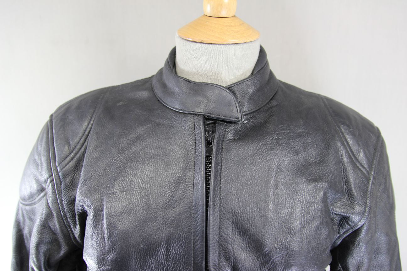 RAYVEN CLASSIC BLACK LEATHER BIKER JACKET: SIZE 10