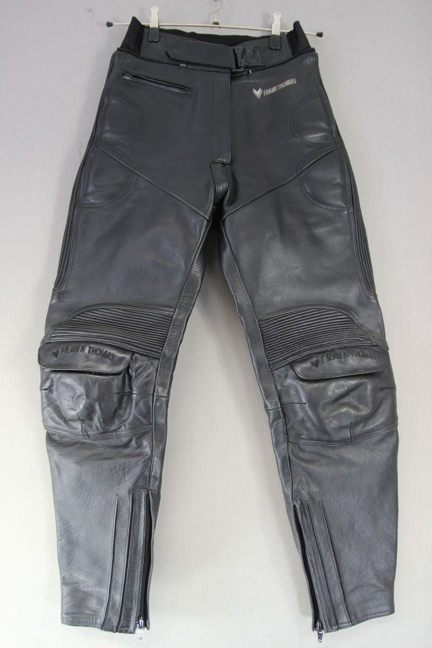 FRANK THOMAS BLACK LEATHER BIKER TROUSERS: SIZE 12/WAIST 28 IN/INSIDE LEG 28 IN