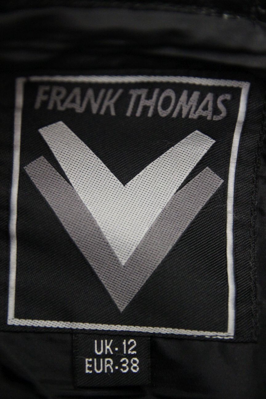 FRANK THOMAS BLACK LEATHER BIKER TROUSERS: SIZE 12/WAIST 28 IN/INSIDE LEG 28 IN