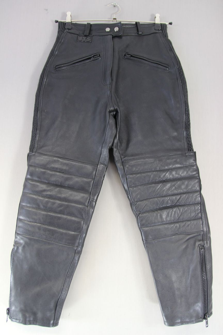 JTS BLACK LEATHER BIKER TROUSERS: SIZE 14 (EXTRA SHORT FIT) WAIST 28"/LEG 26.5"