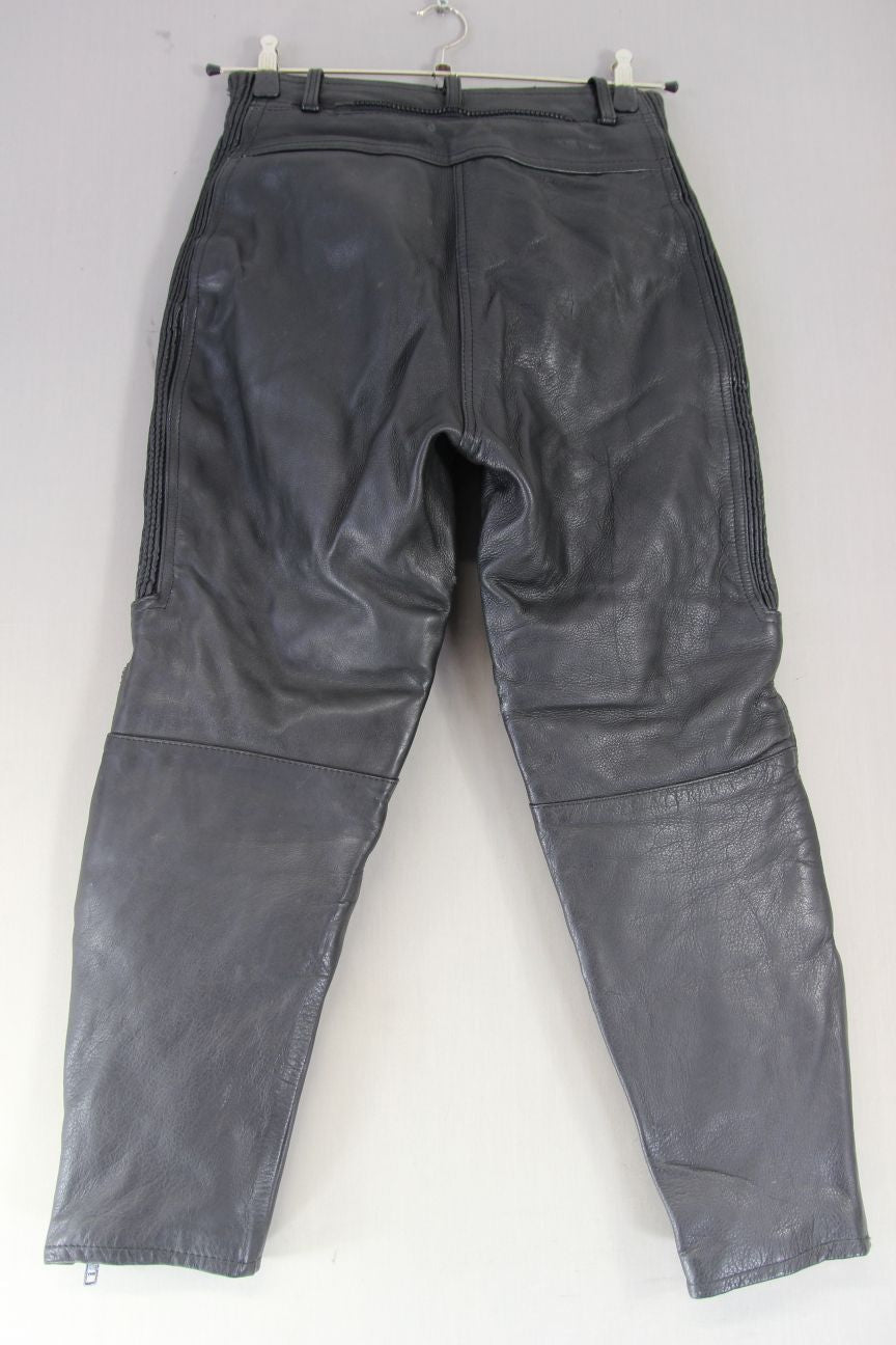 JTS BLACK LEATHER BIKER TROUSERS: SIZE 14 (EXTRA SHORT FIT) WAIST 28"/LEG 26.5"