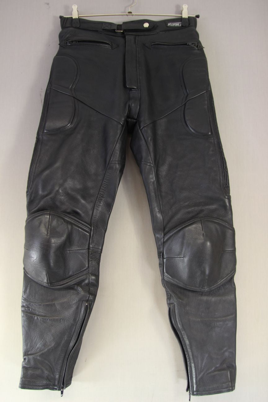 ASHMAN BLACK COWHIDE LEATHER BIKER TROUSERS WAIST 28-30 INCH/INSIDE LEG 29 INCH