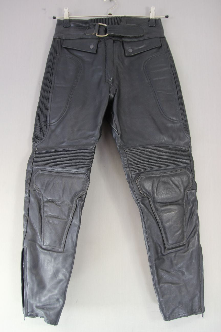 SPORTEX MAXX BLACK LEATHER BIKER TROUSERS: SIZE 14/WAIST 28 IN/INSIDE LEG 27 IN