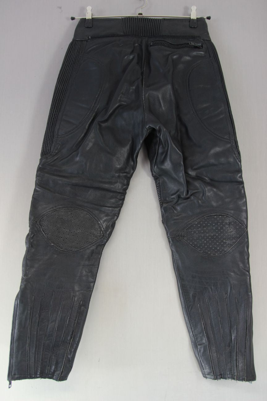 SPORTEX MAXX BLACK LEATHER BIKER TROUSERS: SIZE 14/WAIST 28 IN/INSIDE LEG 27 IN