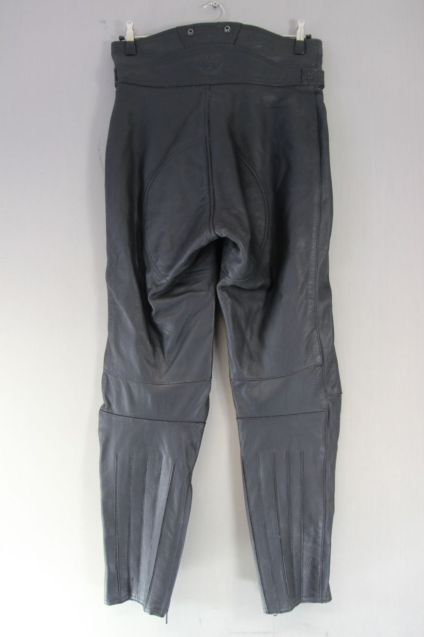 MQP BIKER'S CHOICE BLACK LEATHER TROUSERS: WAIST 34 INCHES/INSIDE LEG 31 INCHES