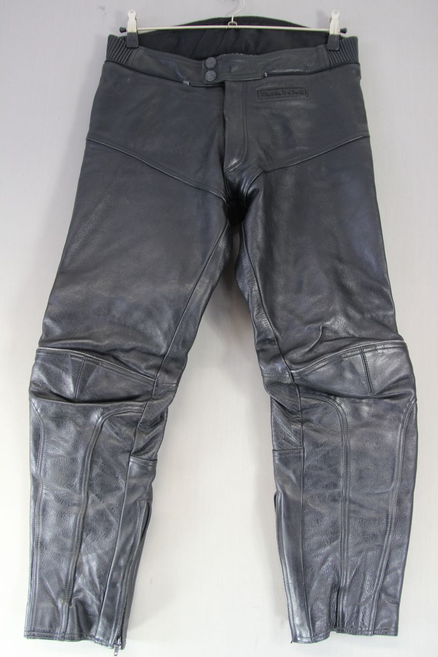 FRANK THOMAS BLACK LEATHER BIKER TROUSERS: WAIST 32-34 INCH/INSIDE LEG 31 INCH