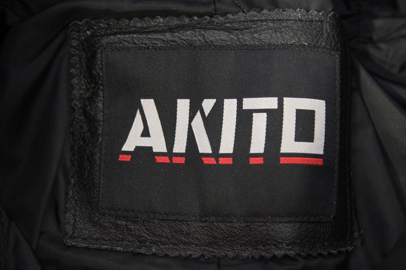AKITO BLACK LEATHER BIKER TROUSERS + KNEE CE ARMOUR: SIZE 12 WAIST 28IN/LEG 29IN