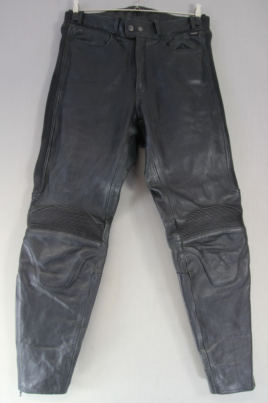 BIKO CLASSIC BLACK LEATHER BIKER TROUSERS WAIST 32 INCHES/INSIDE LEG 30.5 INCHES