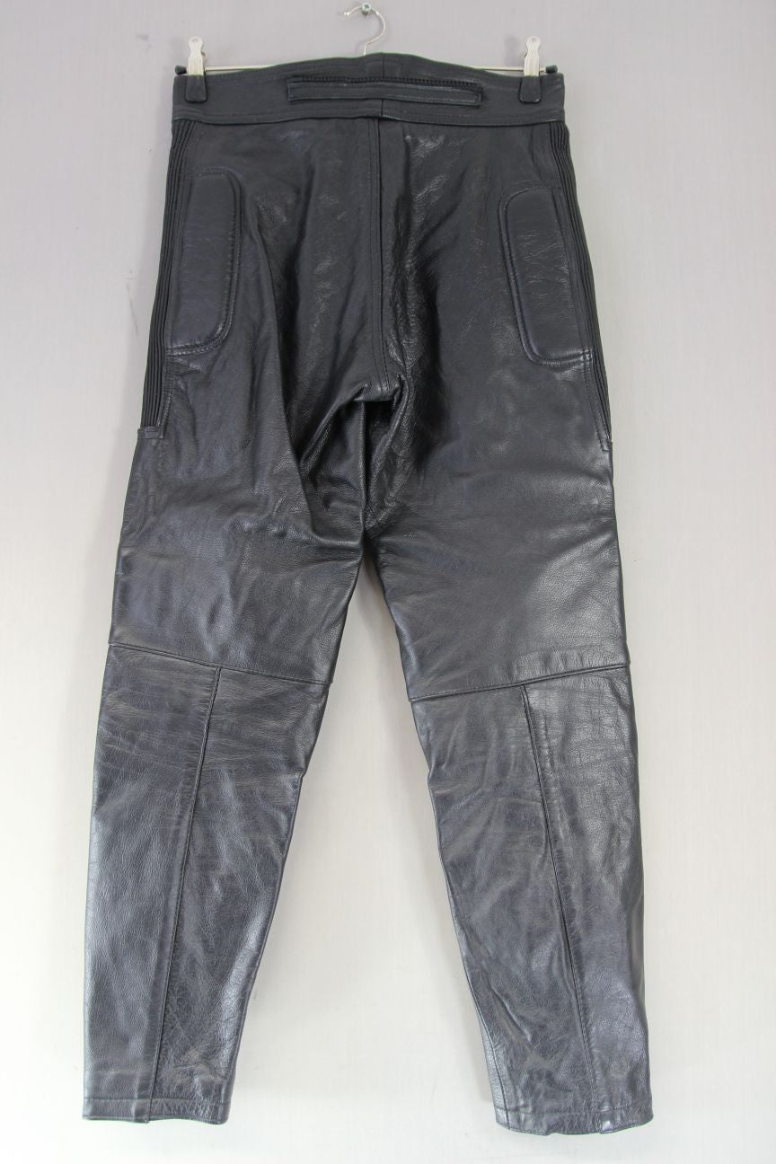 SKIN BLACK COWHIDE LEATHER BIKER TROUSERS: WAIST 30 INCH/INSIDE LEG 30 INCH