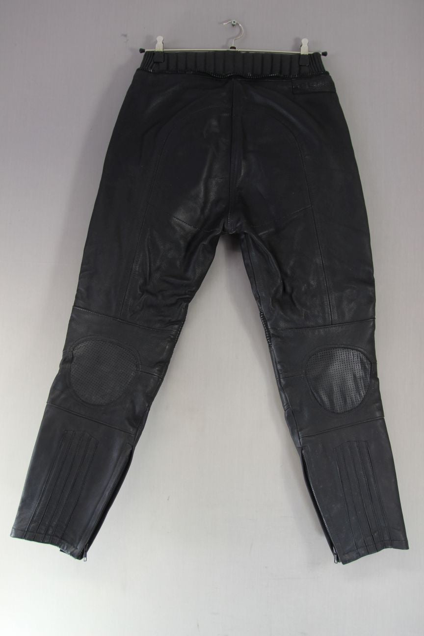RICHA BLACK LEATHER BIKER TROUSERS: SIZE 14/WAIST 30 INCHES/INSIDE LEG 29 INCHES