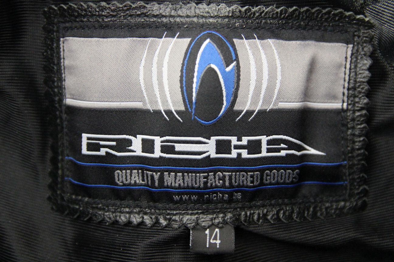RICHA BLACK LEATHER BIKER TROUSERS: SIZE 14/WAIST 30 INCHES/INSIDE LEG 29 INCHES