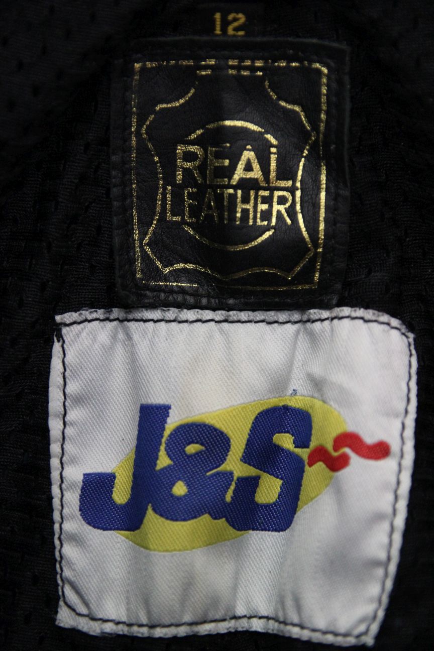 J&S BLACK LEATHER BIKER TROUSERS SIZE 12: WAIST 28"/INSIDE LEG 25.5" (SHORT FIT)