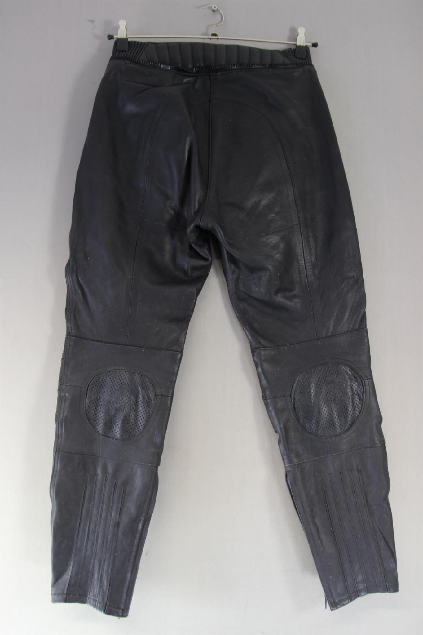RICHA BLACK LEATHER BIKER TROUSERS: SIZE 12/WAIST 30 INCHES/INSIDE LEG 28.5 INCH