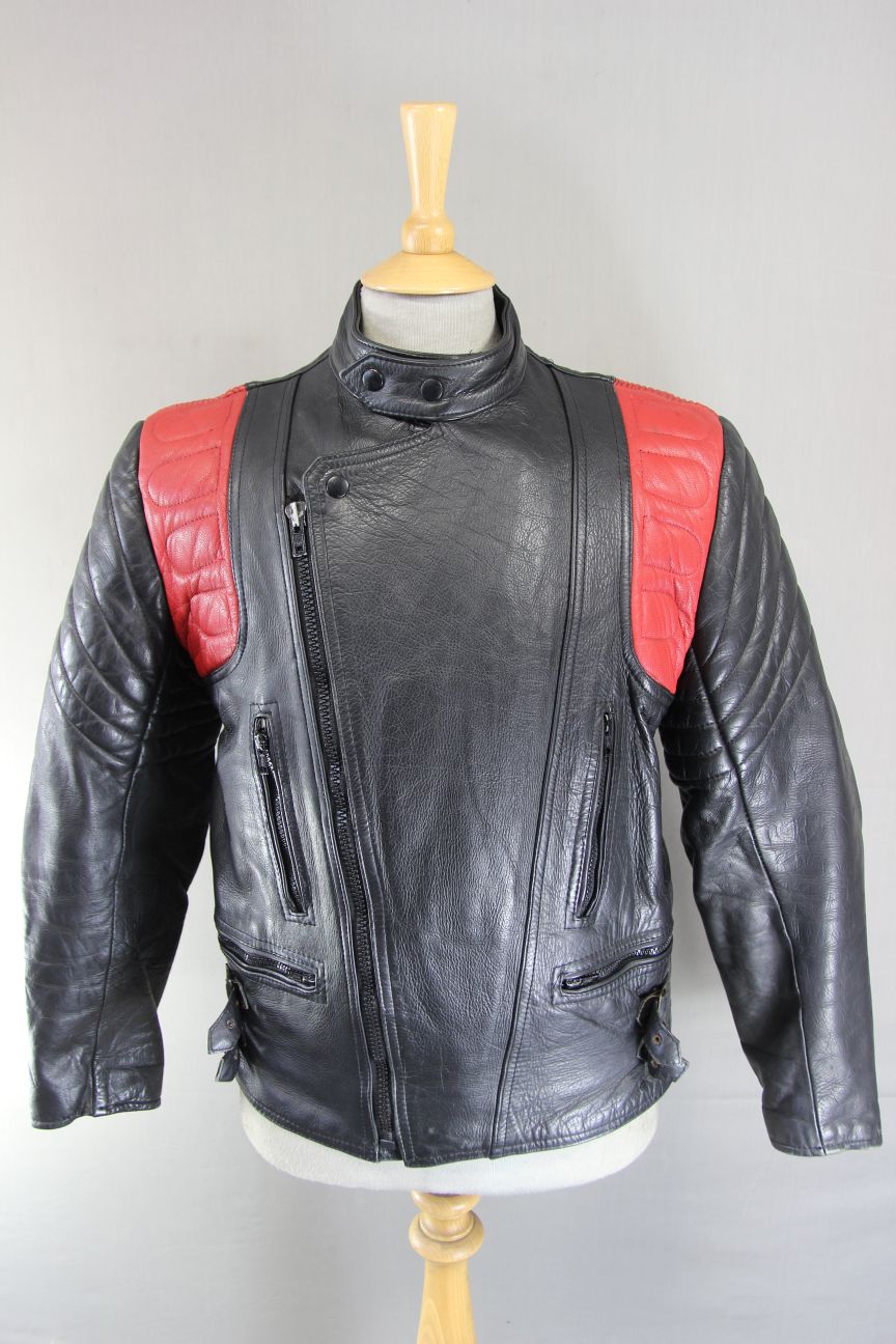 VINTAGE 1970'S/80'S BLACK & RED COWHIDE LEATHER NICE OF LONDON BIKER JACKET 40IN