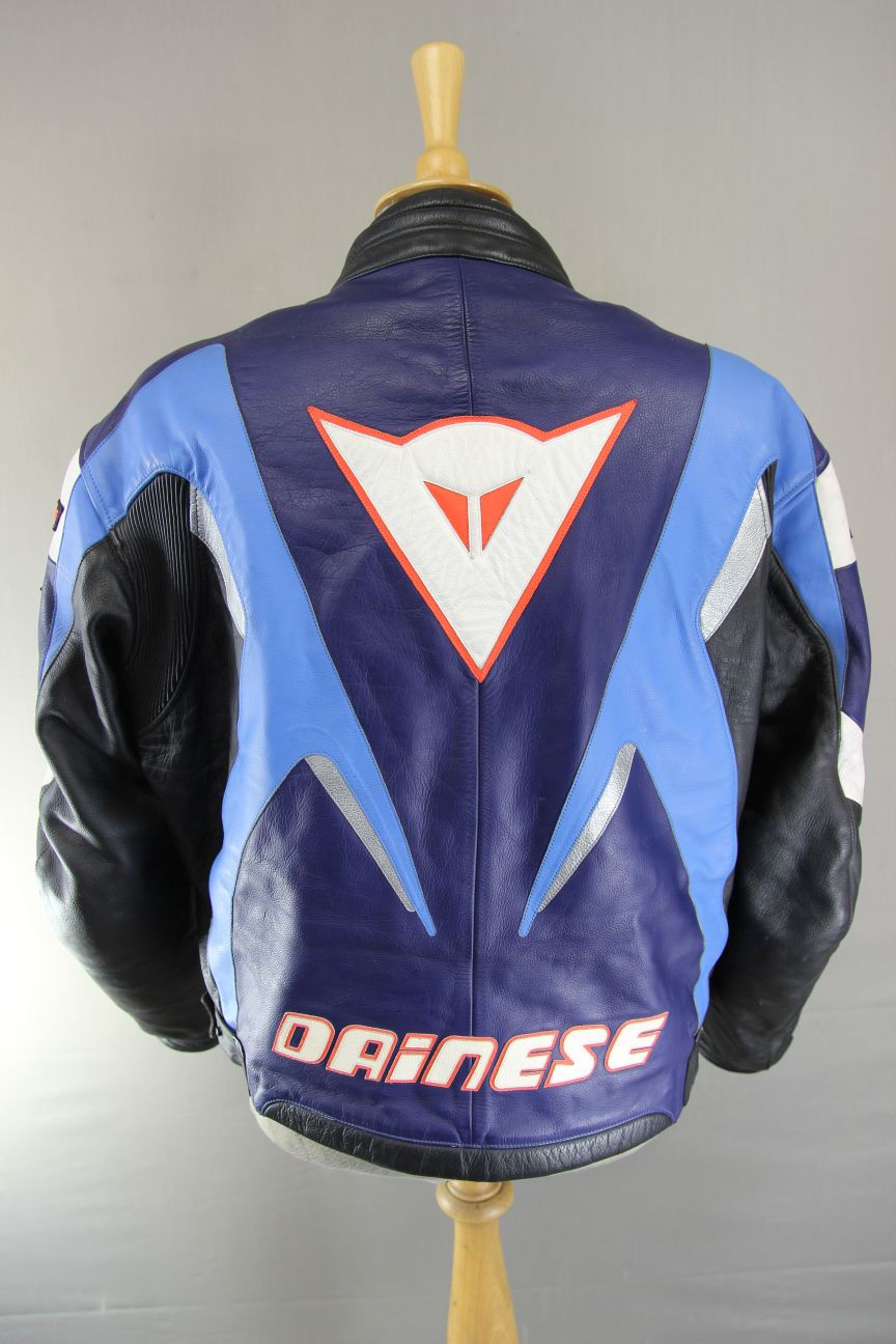 DAINESE BLUE, WHITE & SILVER LEATHER RACING/SPORTS BIKER JACKET + CE ARMOUR 46IN