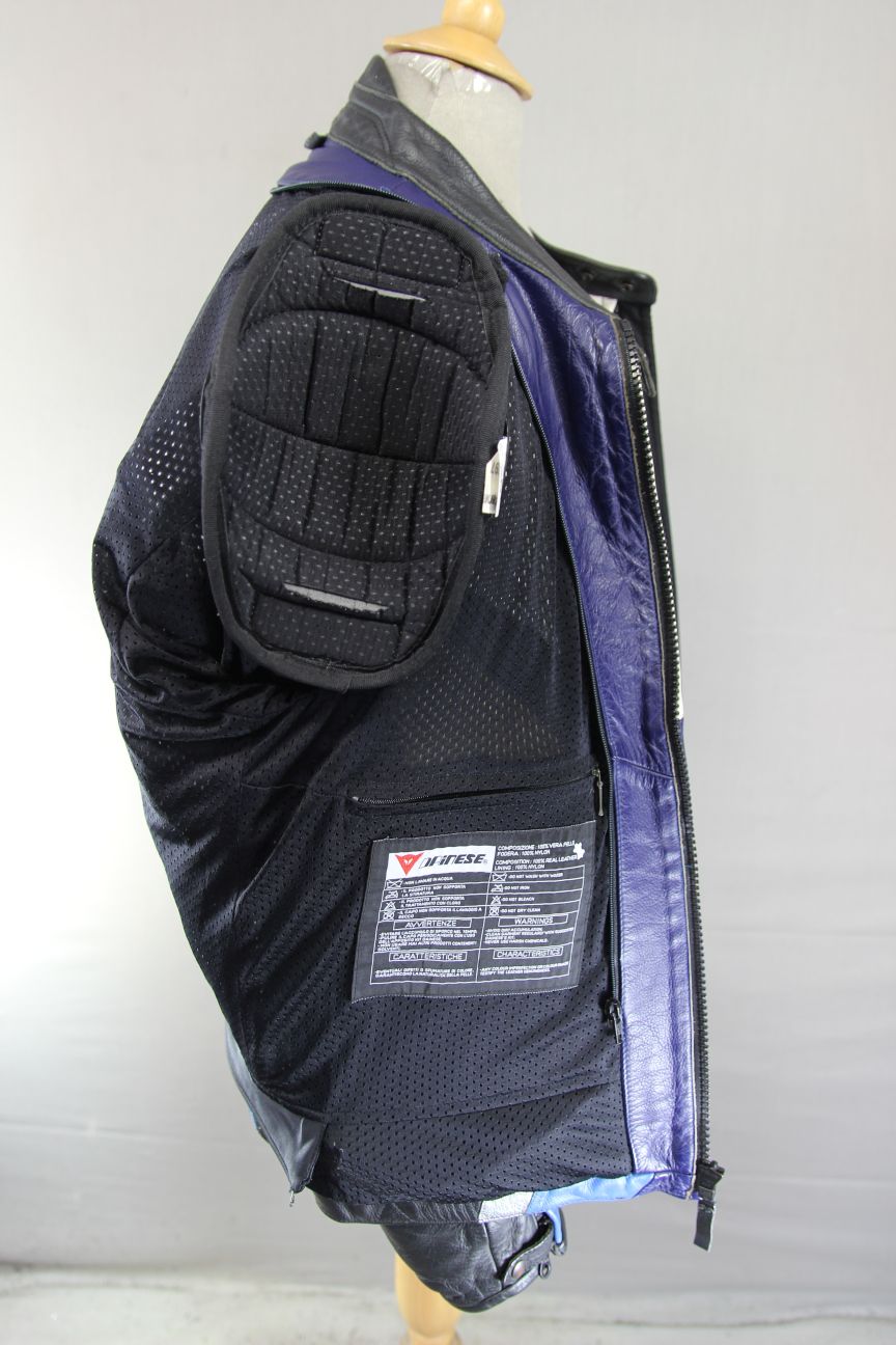 DAINESE BLUE, WHITE & SILVER LEATHER RACING/SPORTS BIKER JACKET + CE ARMOUR 46IN