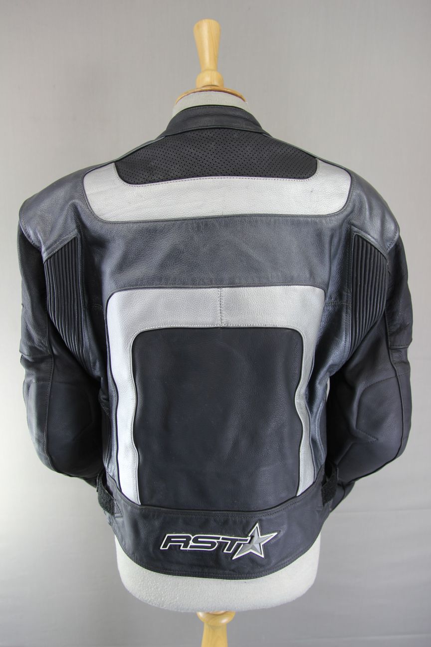 RST BLACK, SILVER & WHITE LEATHER BIKER JACKET + SHOULDER/ELBOW ARMOUR: SIZE 16
