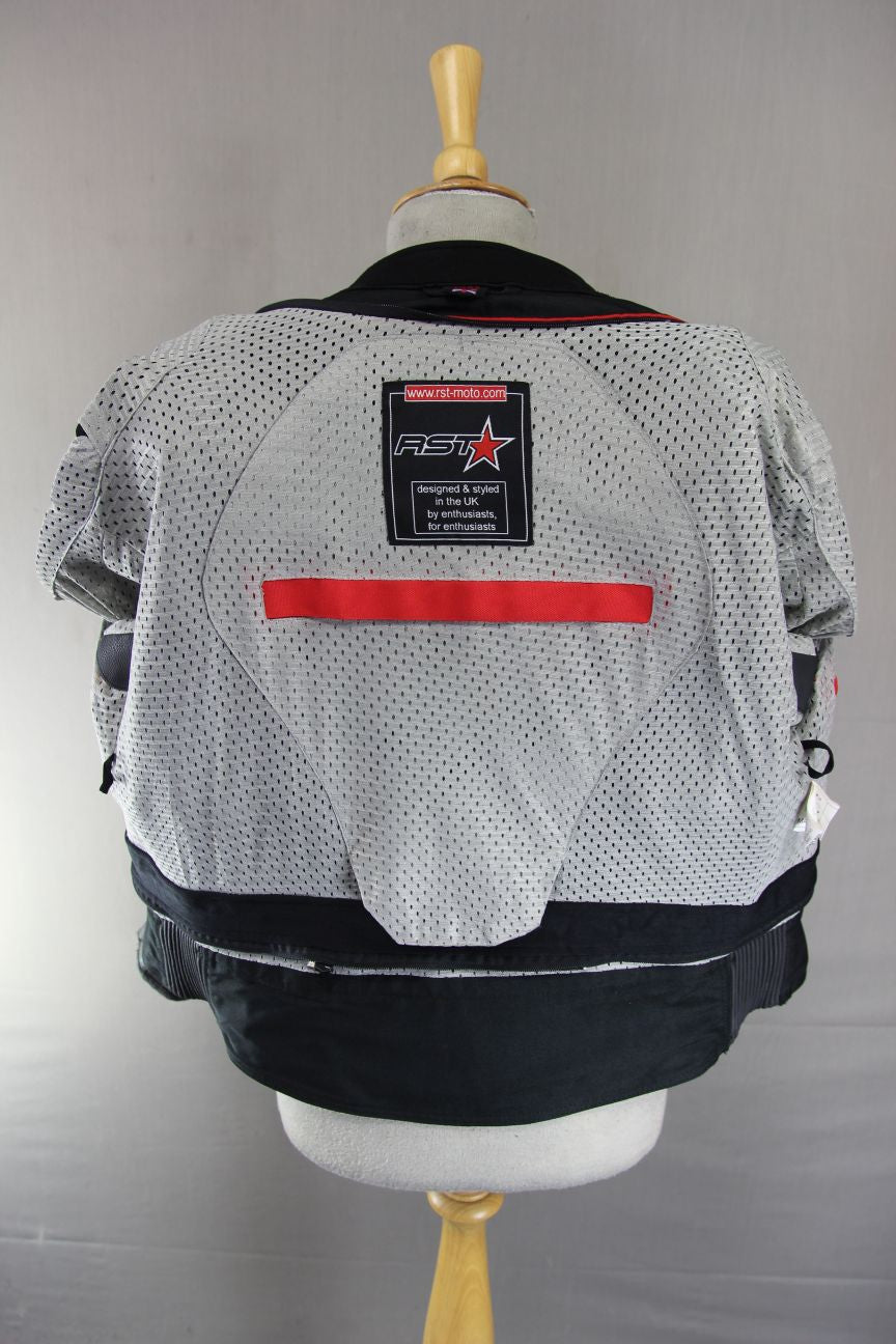 RST BLACK, SILVER & WHITE LEATHER BIKER JACKET + SHOULDER/ELBOW ARMOUR: SIZE 16